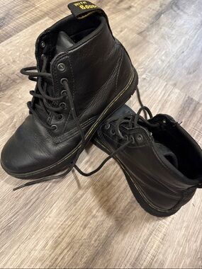 Dr. Martens Black Leather Ankle Boots with Yellow Pull-Loop